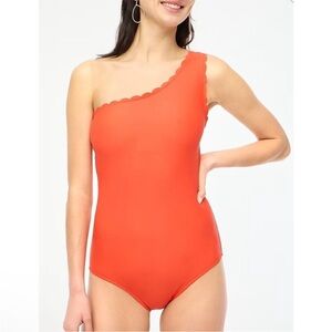 J. Crew Factory Scalloped One Shoulder One Piece Swimsuit in Red Orange Size L